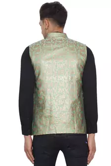 Green printed banarasi nehru-jacket