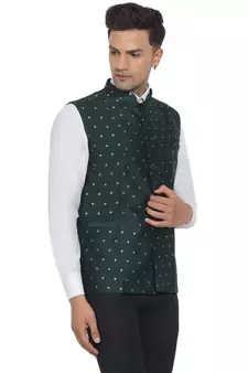 Green printed banarasi nehru-jacket