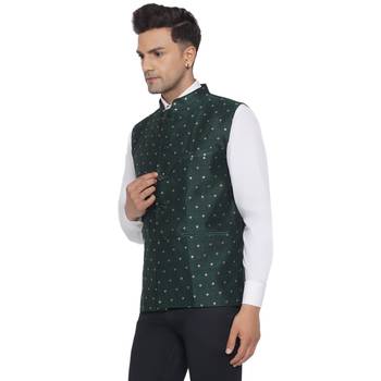 Green printed banarasi nehru-jacket 3