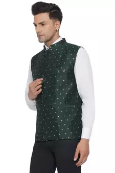 Green printed banarasi nehru-jacket