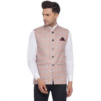 Beige printed cotton nehru-jacket 1