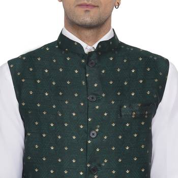 Green printed banarasi nehru-jacket 5