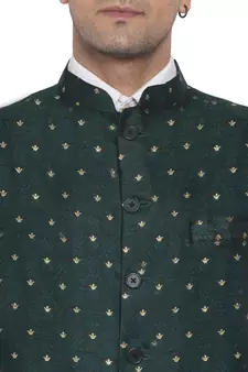 Green printed banarasi nehru-jacket