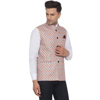 Beige printed cotton nehru-jacket 2