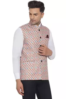 Beige printed cotton nehru-jacket