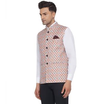 Beige printed cotton nehru-jacket 3