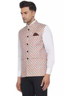 Beige printed cotton nehru-jacket