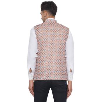 Beige printed cotton nehru-jacket 4