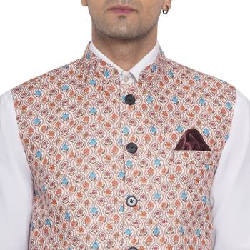 Beige printed cotton nehru-jacket 5