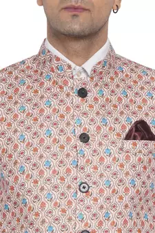 Beige printed cotton nehru-jacket