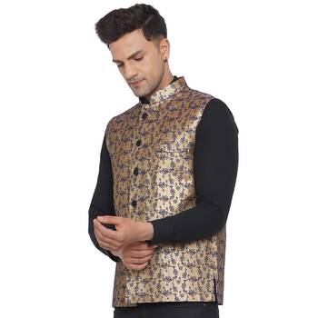 Blue printed banarasi nehru-jacket 4