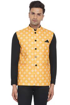 Yellow printed cotton nehru-jacket