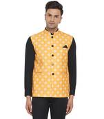 Yellow printed cotton nehru-jacket
