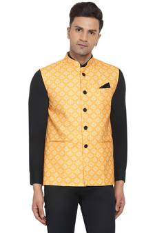 Yellow printed cotton nehru-jacket