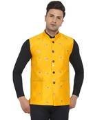 Yellow printed jacquard nehru-jacket