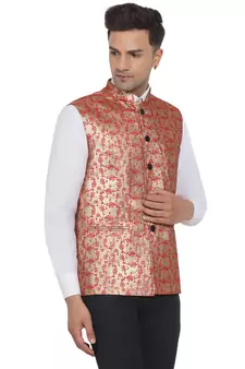 Red printed banarasi nehru-jacket