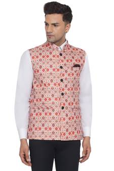 Beige printed cotton nehru-jacket