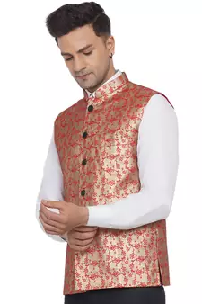 Red printed banarasi nehru-jacket