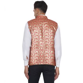 Red printed banarasi nehru-jacket 4