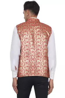 Red printed banarasi nehru-jacket