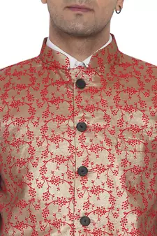 Red printed banarasi nehru-jacket
