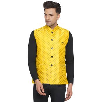 Yellow printed banarasi nehru-jacket 1