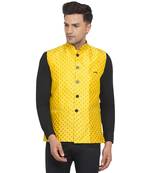 Yellow printed banarasi nehru-jacket