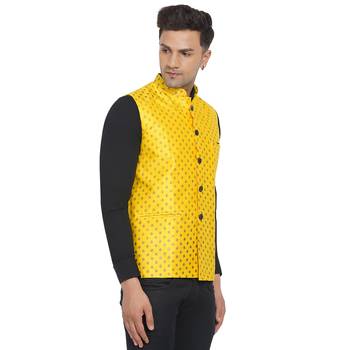 Yellow printed banarasi nehru-jacket 2