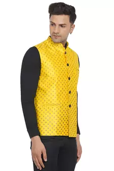 Yellow printed banarasi nehru-jacket