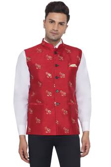 Red printed jacquard nehru-jacket