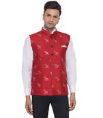 Red printed jacquard nehru-jacket