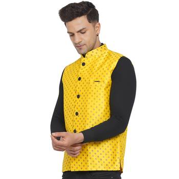 Yellow printed banarasi nehru-jacket 3