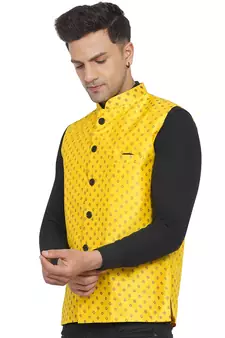 Yellow printed banarasi nehru-jacket