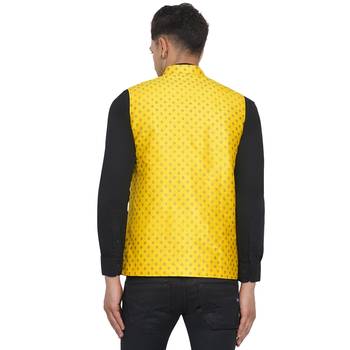 Yellow printed banarasi nehru-jacket 4