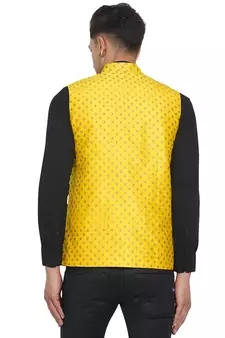 Yellow printed banarasi nehru-jacket