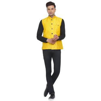 Yellow printed banarasi nehru-jacket 5