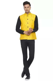 Yellow printed banarasi nehru-jacket