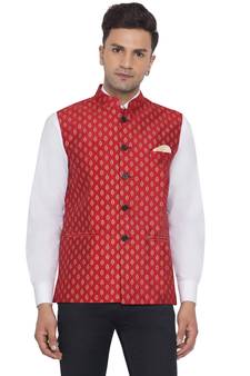 Red printed banarasi nehru-jacket