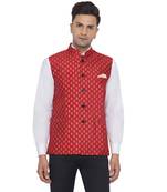 Red printed banarasi nehru-jacket