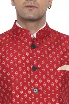 Red printed banarasi nehru-jacket