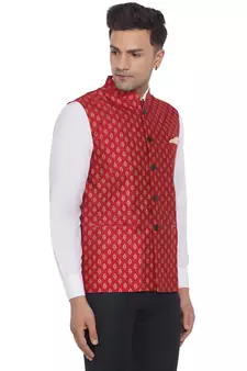 Red printed banarasi nehru-jacket