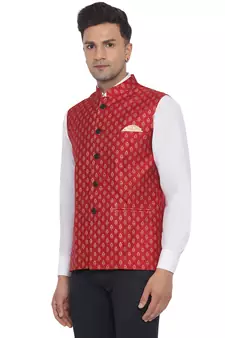 Red printed banarasi nehru-jacket