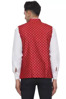 Red printed banarasi nehru-jacket