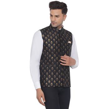 Black printed banarasi nehru-jacket 3