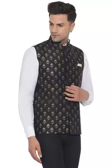 Black printed banarasi nehru-jacket