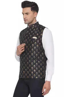 Black printed banarasi nehru-jacket