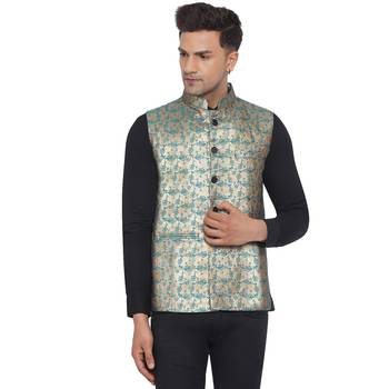 Green printed banarasi nehru-jacket 1