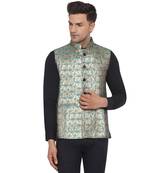 Green printed banarasi nehru-jacket