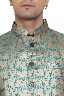 Green printed banarasi nehru-jacket