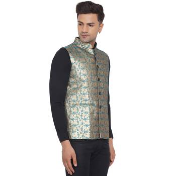 Green printed banarasi nehru-jacket 3